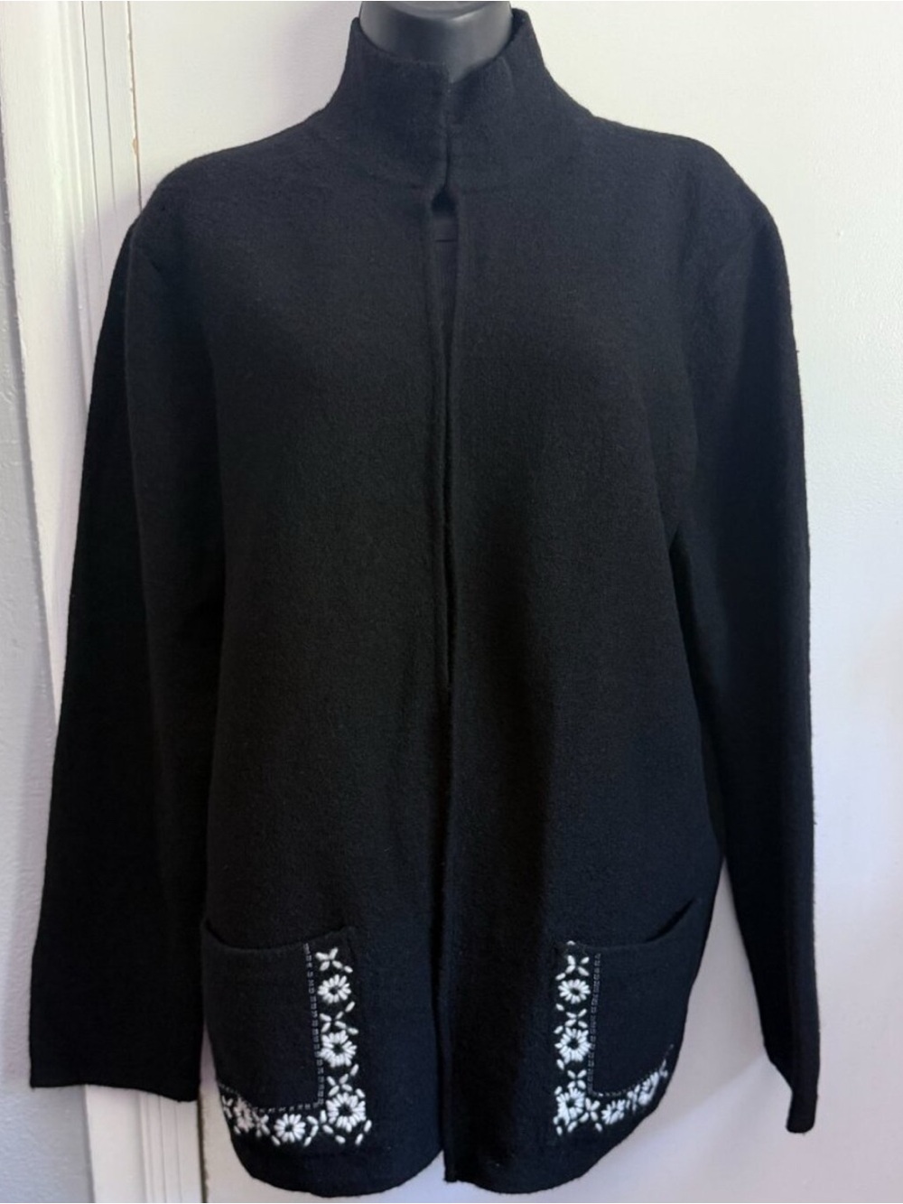 Carole Little Black Teddy Jacket with White Embroidered Pockets
